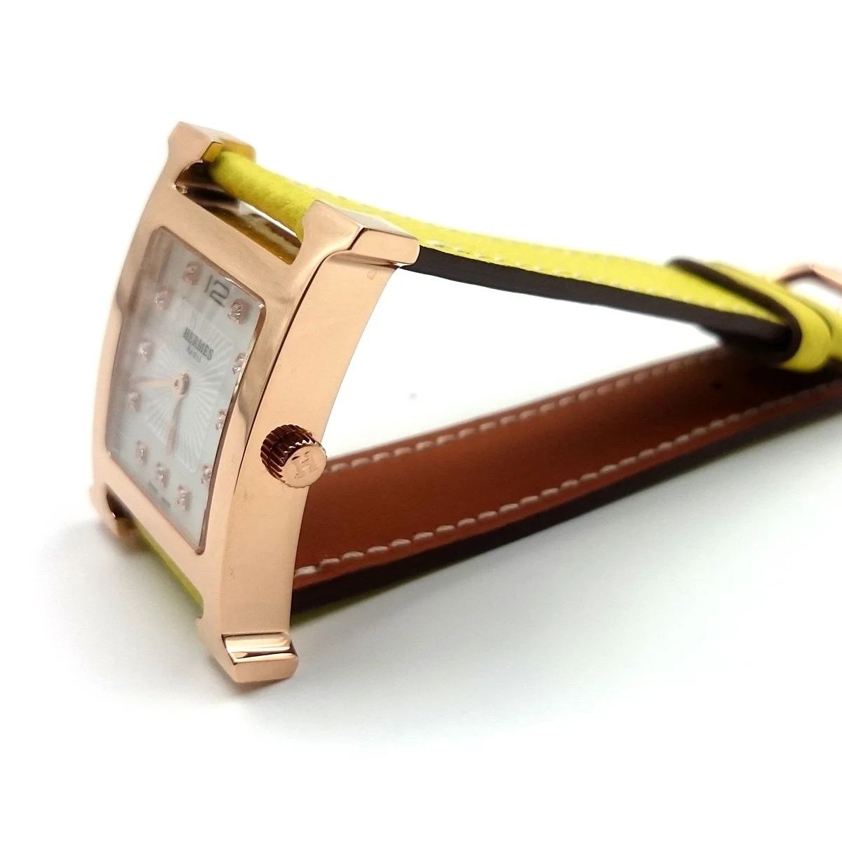 Heure H Rose Gold with Diamond Markers on Yellow Epsom Leather Strap