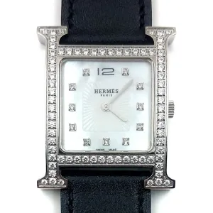 Heure H Steel with Diamond Bezel and Markers on Black Fjord Leather Strap