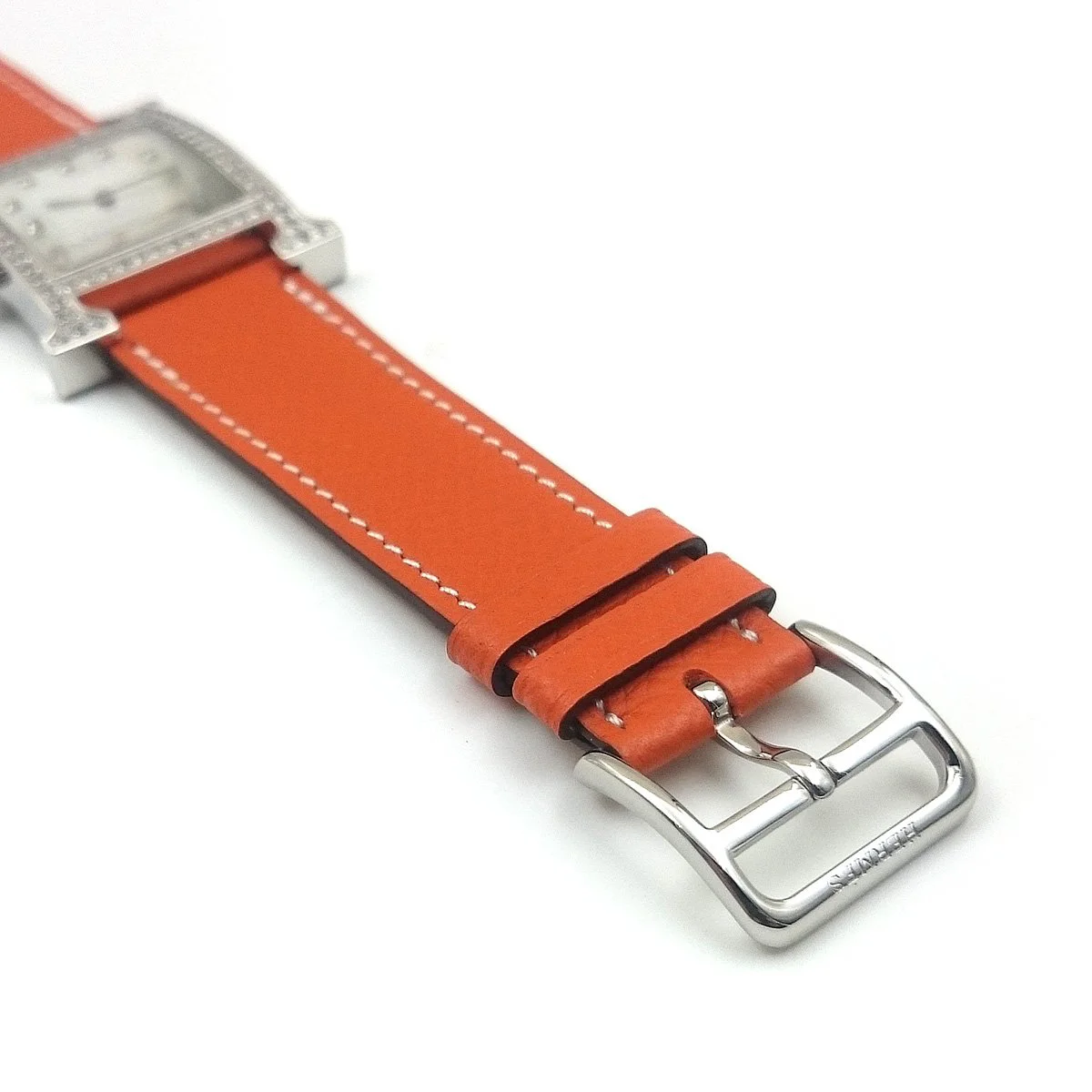Heure H Steel with Diamond Bezel and Markers on Orange Epsom Leather Strap