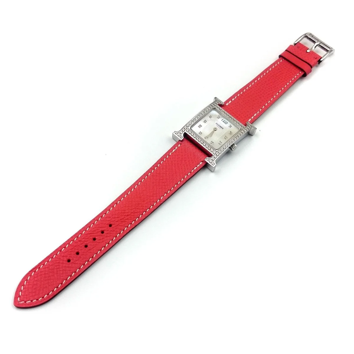 Heure H Steel with Diamond Bezel and Markers on Vermilion Epsom Leather Strap
