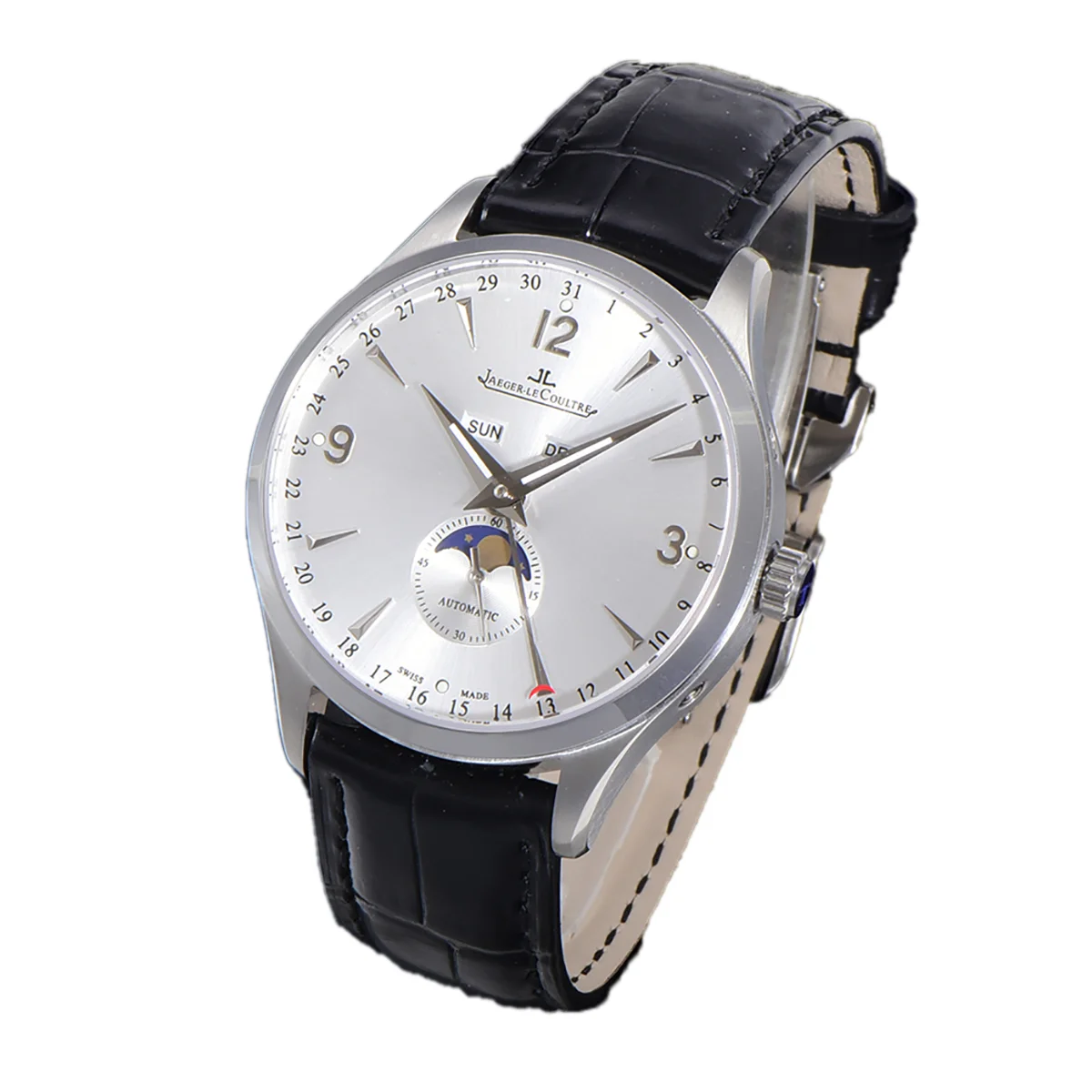 Master Calendar Silver Dial in Steel on Black Leather Strap