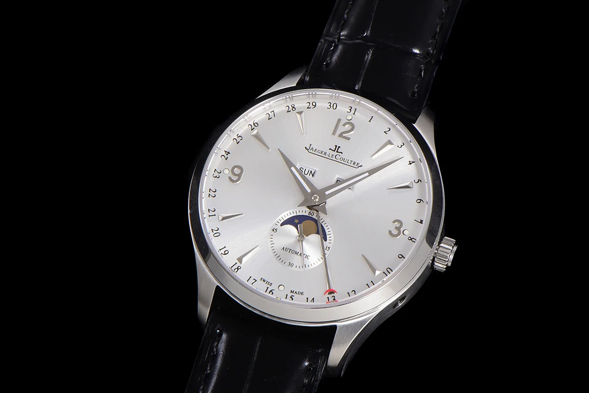 Master Calendar Silver Dial in Steel on Black Leather Strap