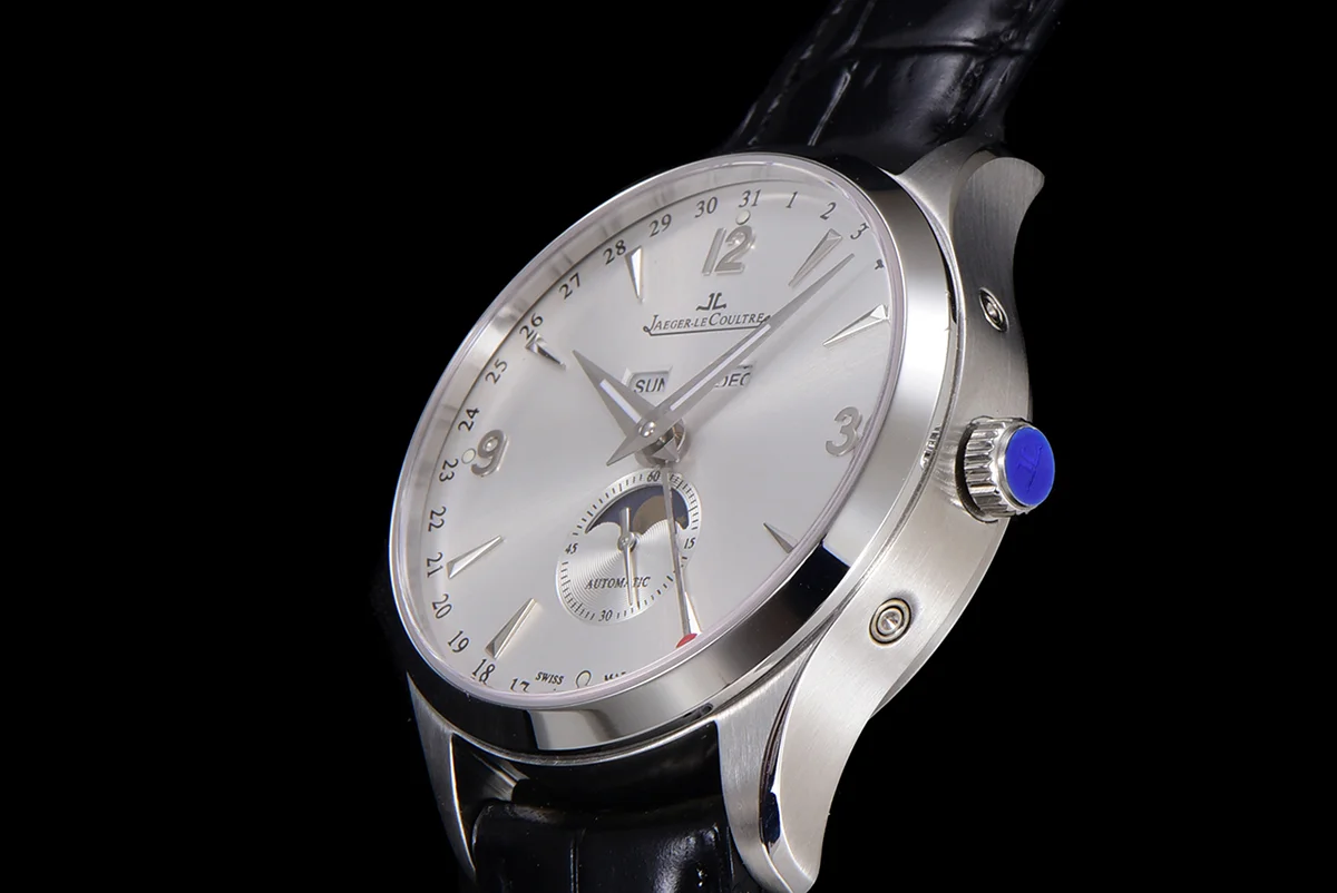 Master Calendar Silver Dial in Steel on Black Leather Strap