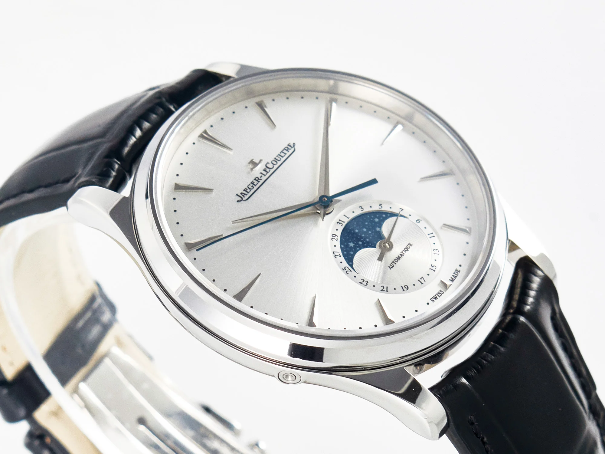 Master Ultra Thin Moon 1368420 SS Z+F 1:1 Best Edition White Dial on Black Leather Strap SA925 Super Clone