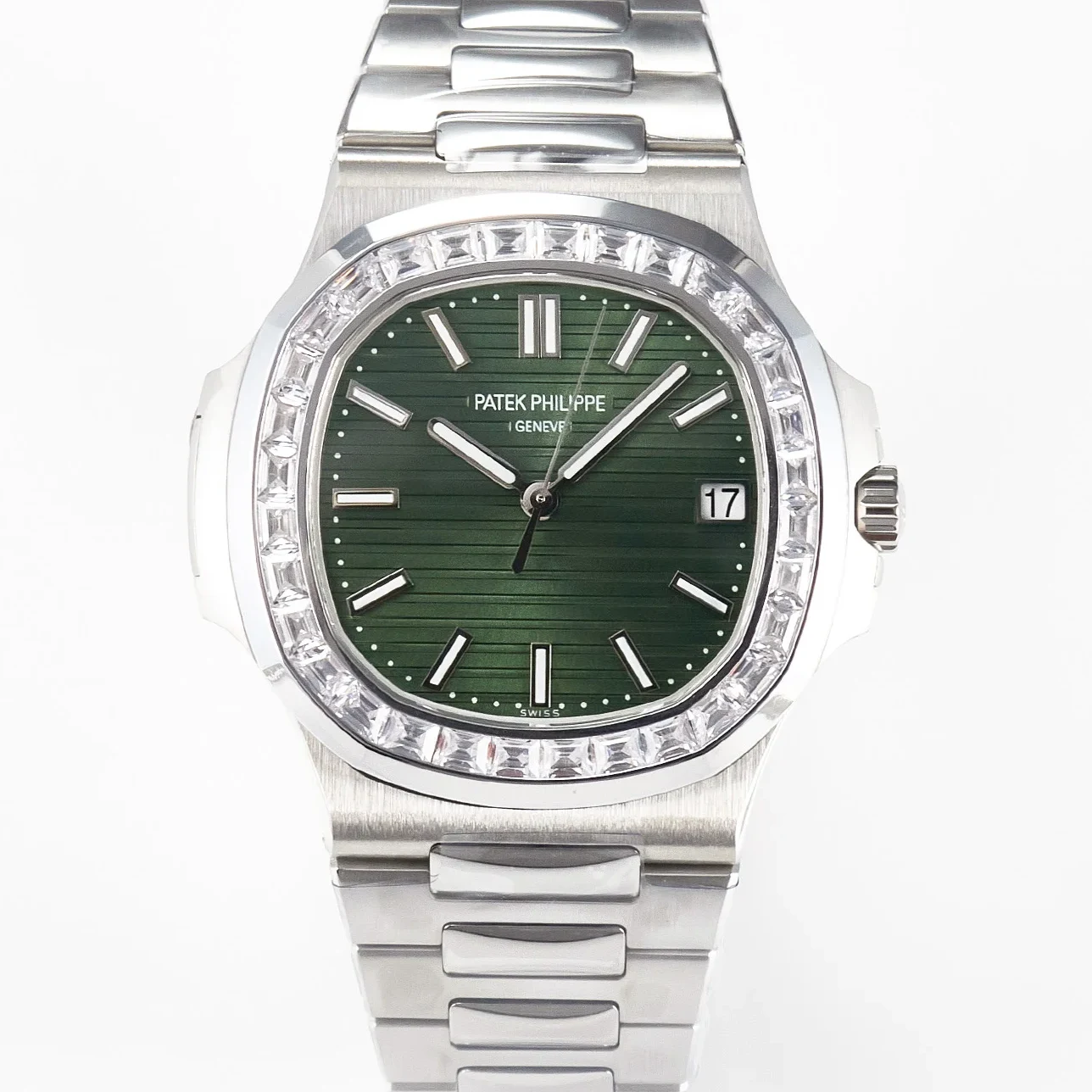 Nautilus 5711 3KF 1:1 Best Edition Square Diamonds Bezel Green Dial on SS Bracelet A324 Super Clone V2