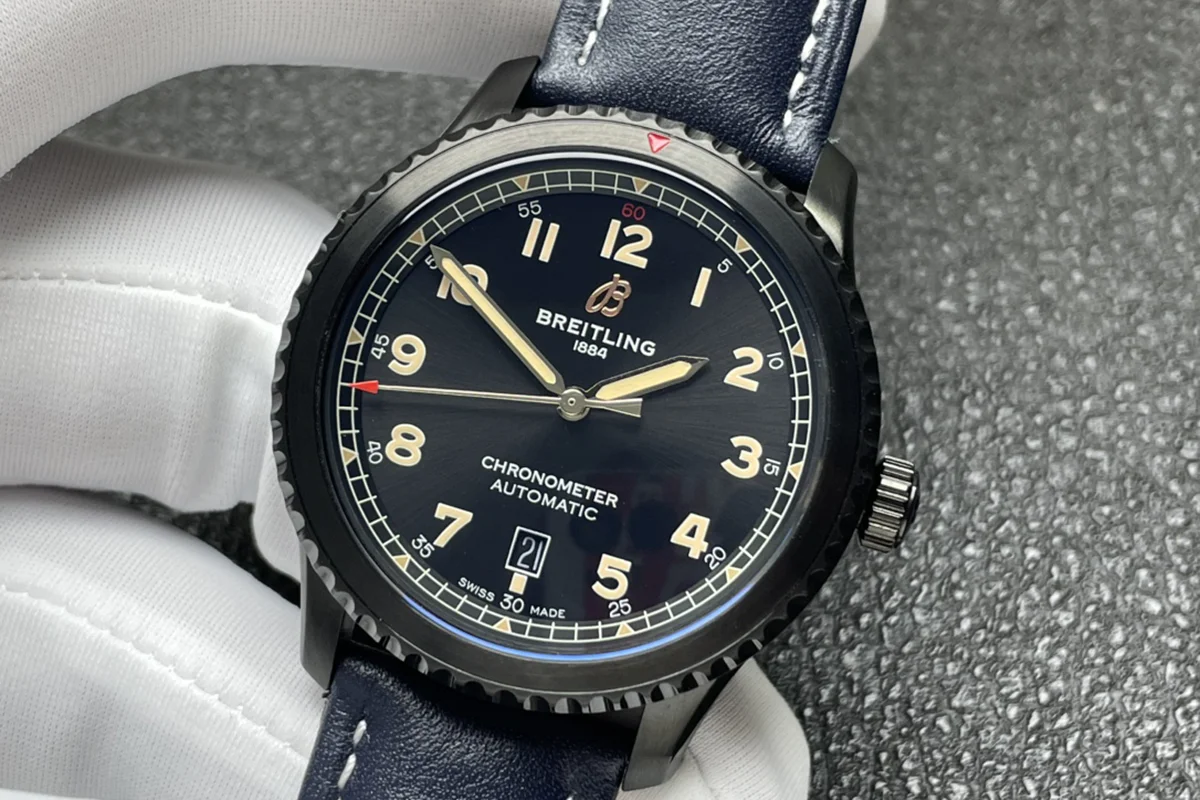 Navitimer Aviator 8 Automatic 41 Black Dial in PVD on Blue Leather Strap