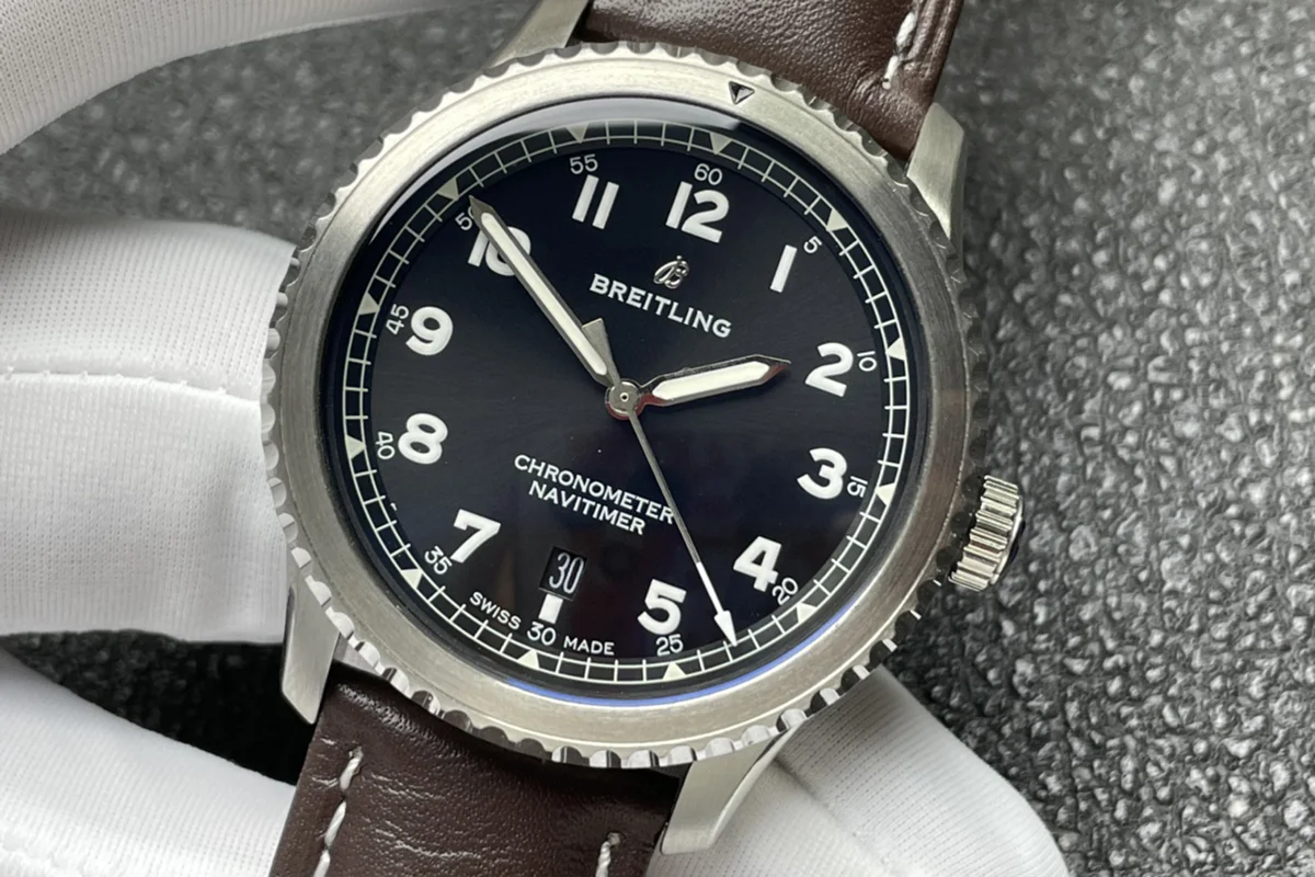 Navitimer Aviator 8 Automatic 41 Black Dial in Steel on Brown Leather Strap