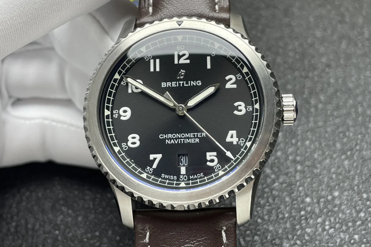 Navitimer Aviator 8 Automatic 41 Black Dial in Steel on Brown Leather Strap