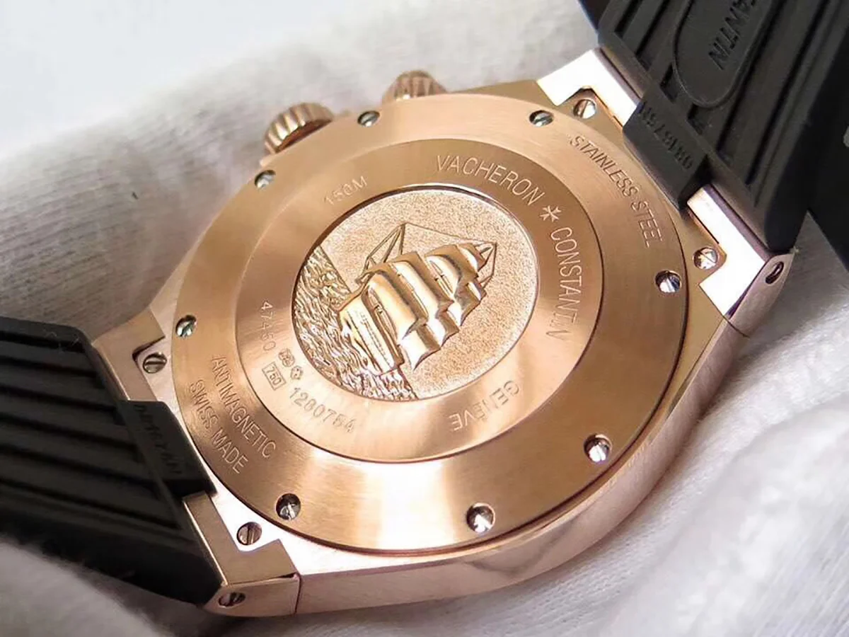 Overseas Dual Time Black Dial in Rose Gold on Rubber Strap