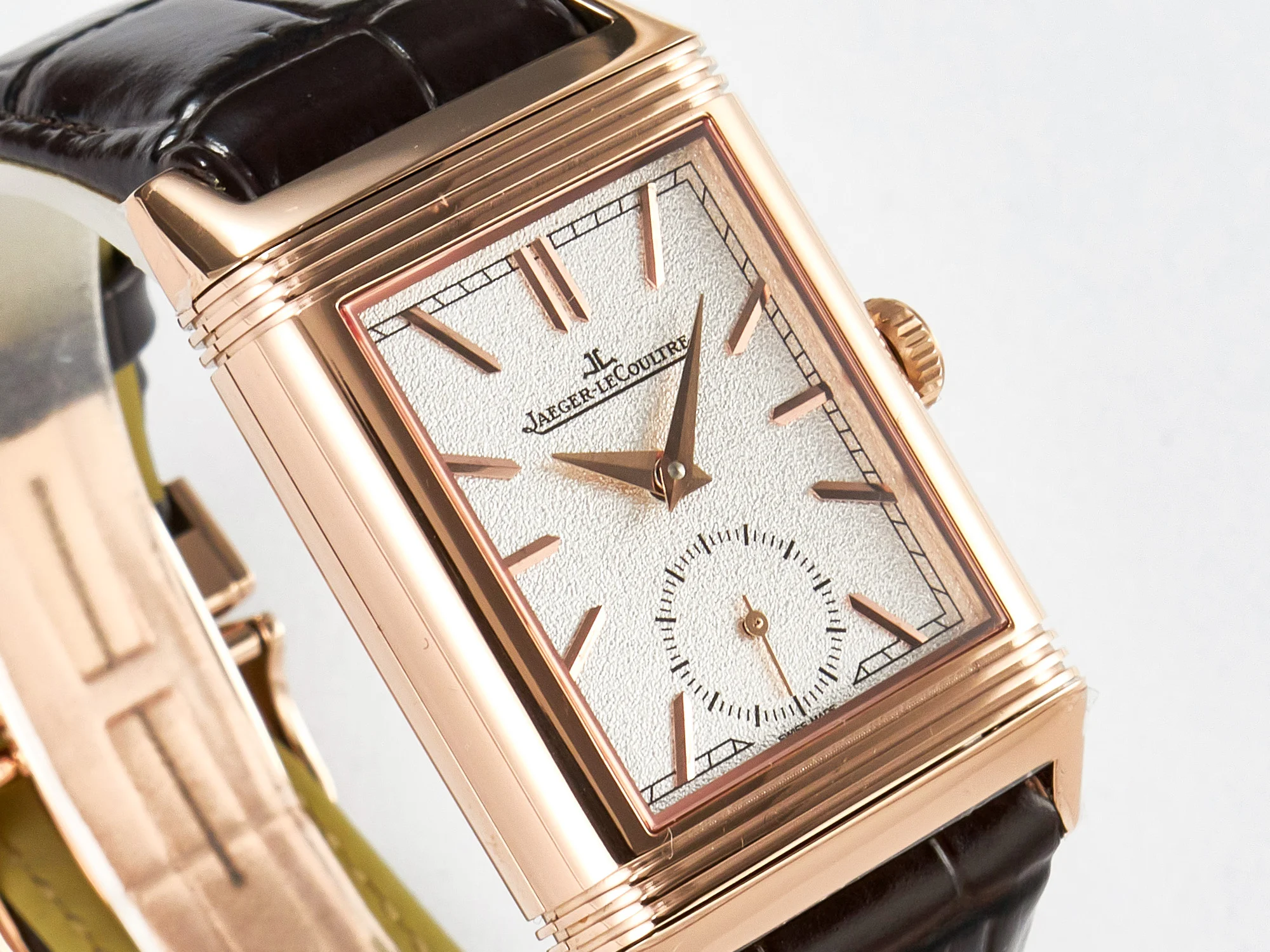 Reverso Tribute Duoface Small Seconds RG MGF Best Edition White Spray Paint Dial on Black Leather Strap A854A