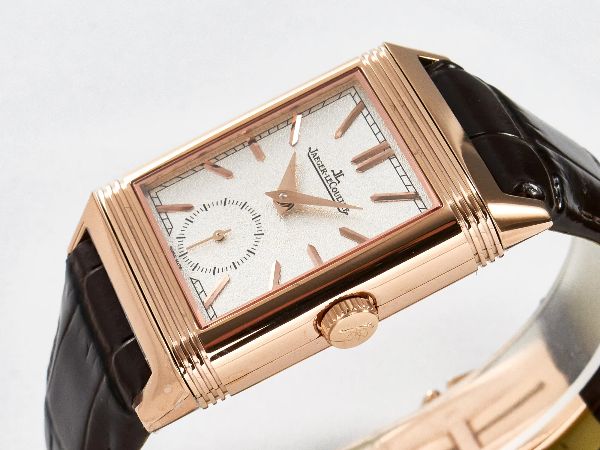 Reverso Tribute Duoface Small Seconds RG MGF Best Edition White Spray Paint Dial on Black Leather Strap A854A