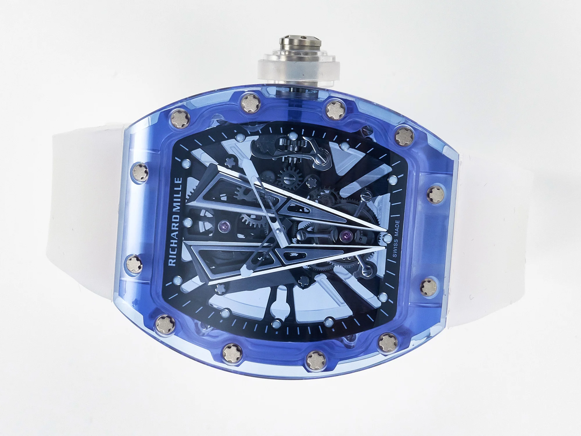 RM27-03 Blue Transparent Tourbillon MSF Best Edition Skull Dial on White Rubber Strap