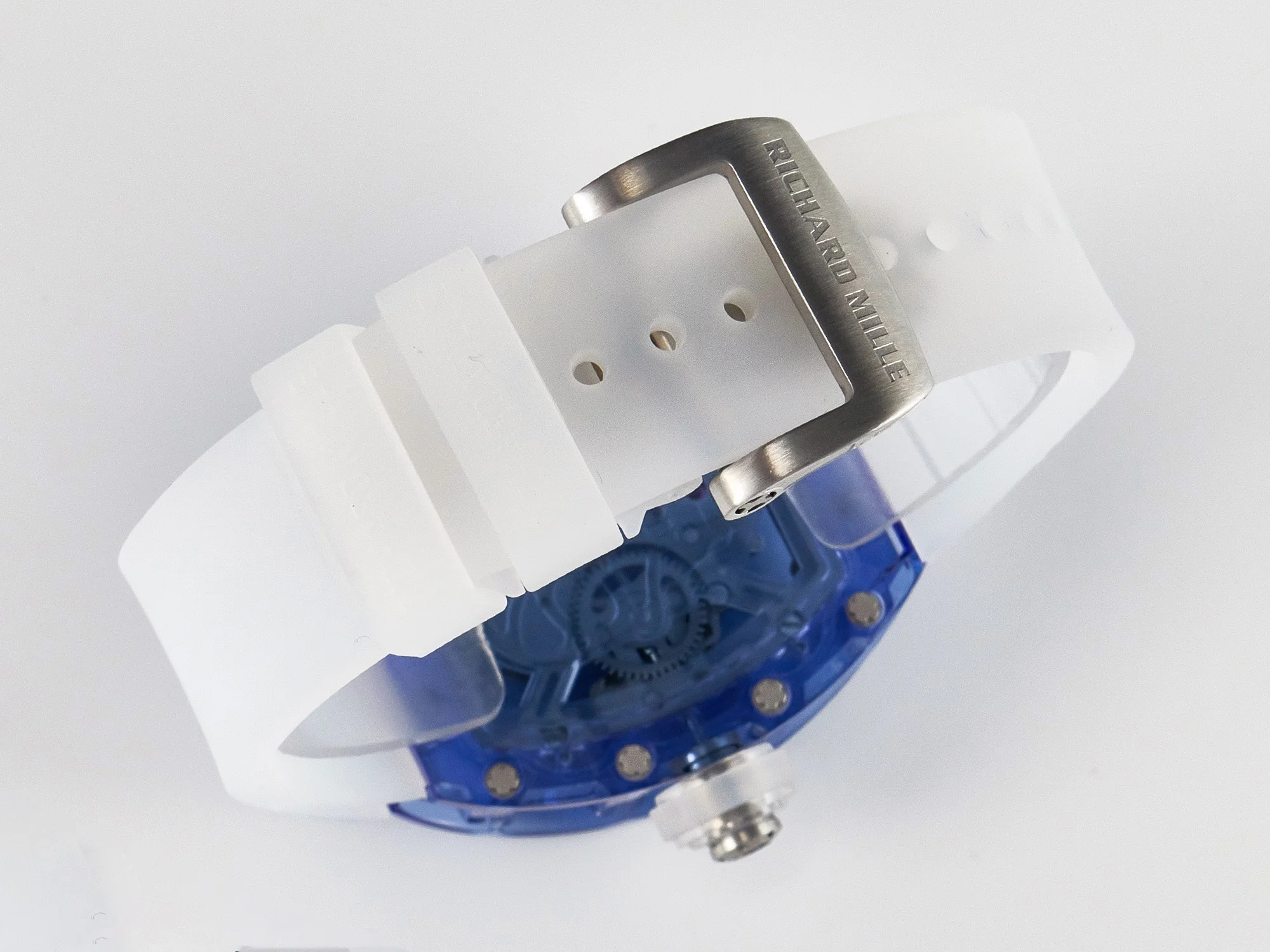 RM52-01 Blue Transparent Tourbillon MSF Best Edition Skull Dial on White Rubber Strap