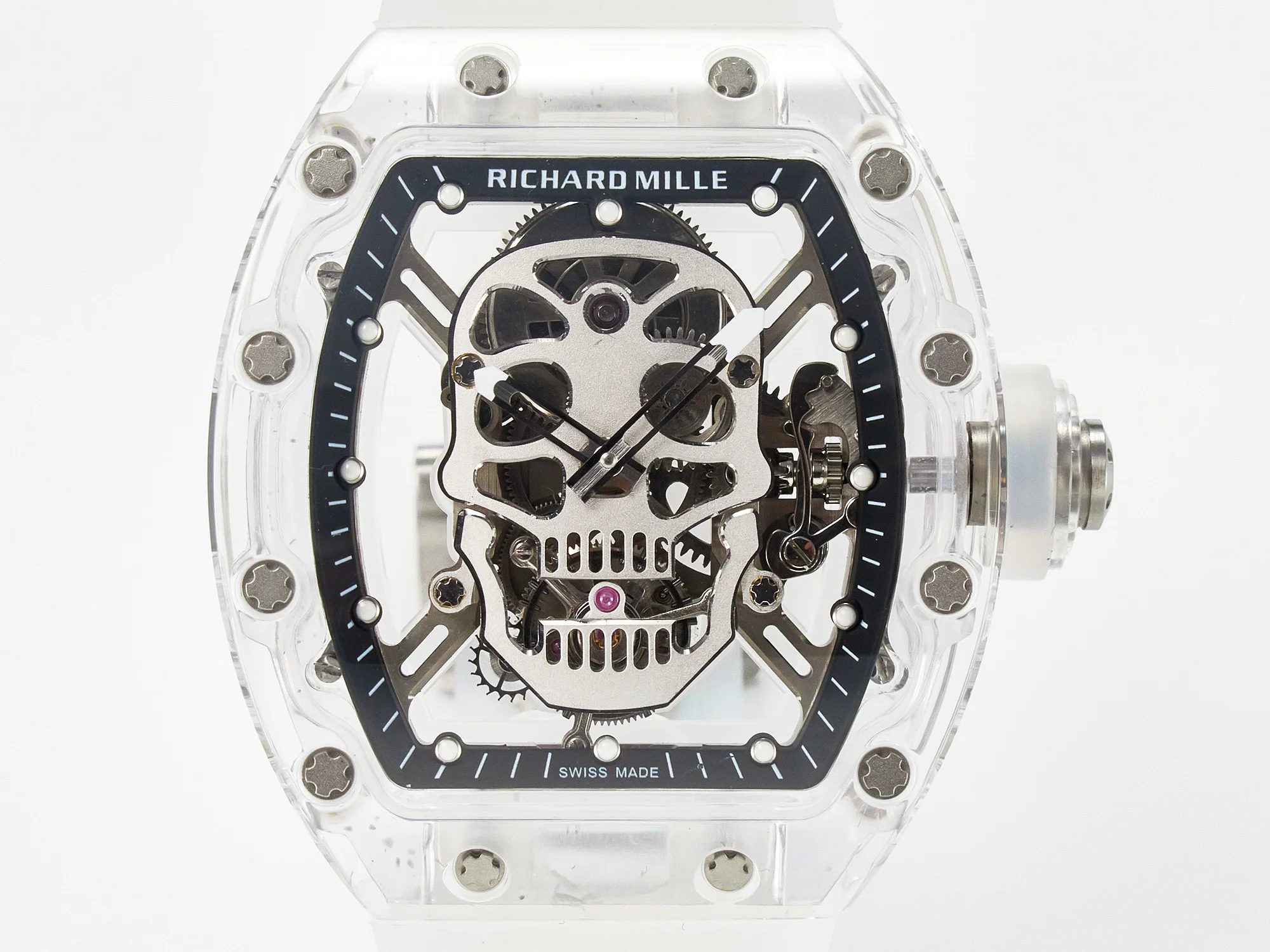 RM52-01 White Transparent Tourbillon MSF Best Edition Skull Dial on White Rubber Strap