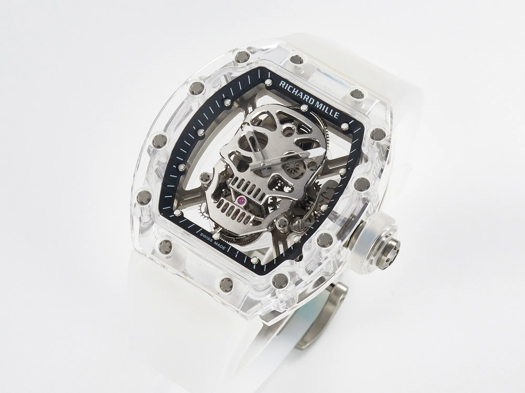 RM52-01 White Transparent Tourbillon MSF Best Edition Skull Dial on White Rubber Strap