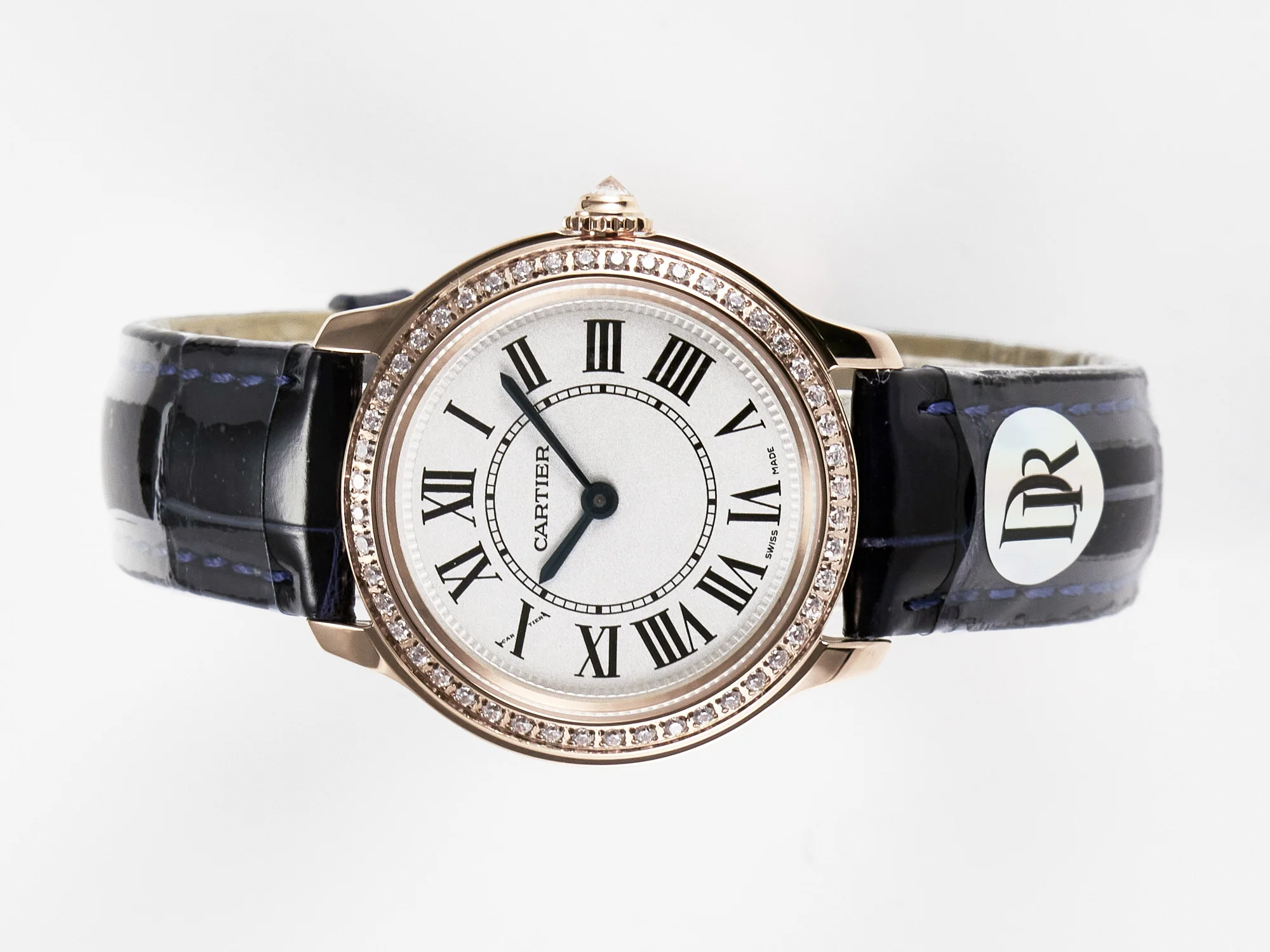 Ronde Louis Cartier 29mm RG DRF 1:1 Best Edition Sandblasted Beige Dial Diamonds Bezel on Blue Leather Strap Ronda Quartz