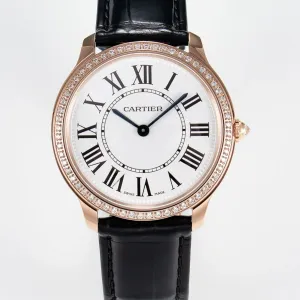 Ronde Louis Cartier 36mm RG DRF 1:1 Best Edition Sandblasted Beige Dial Diamonds Bezel on Black Leather Strap Ronda Quartz