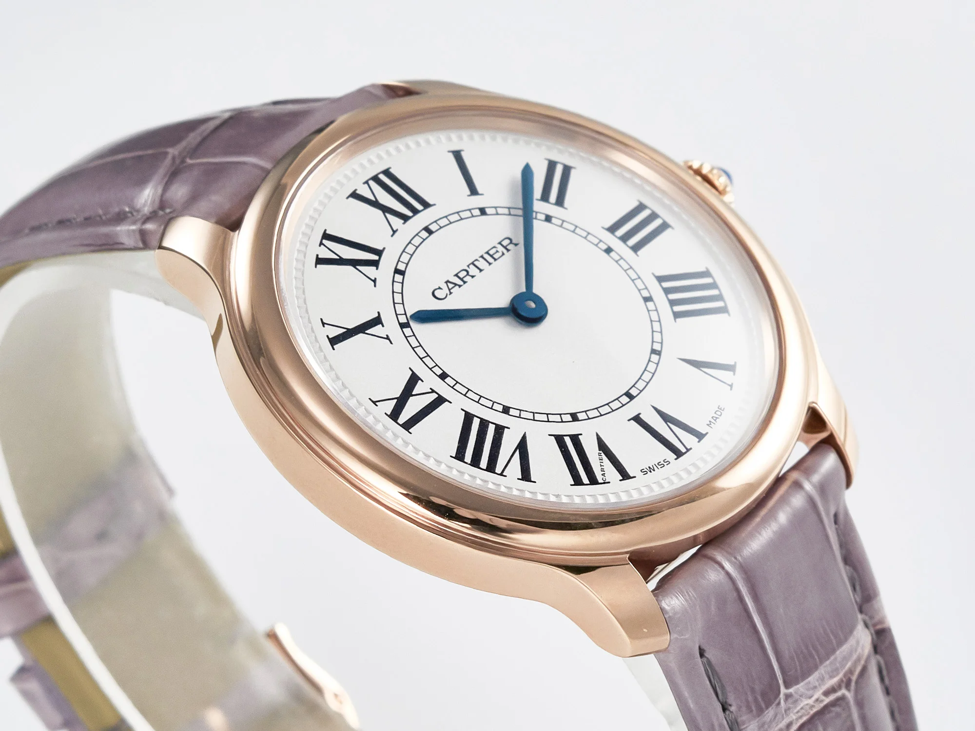 Ronde Louis Cartier 36mm RG DRF 1:1 Best Edition Sandblasted Beige Dial on Purple Leather Strap Ronda Quartz