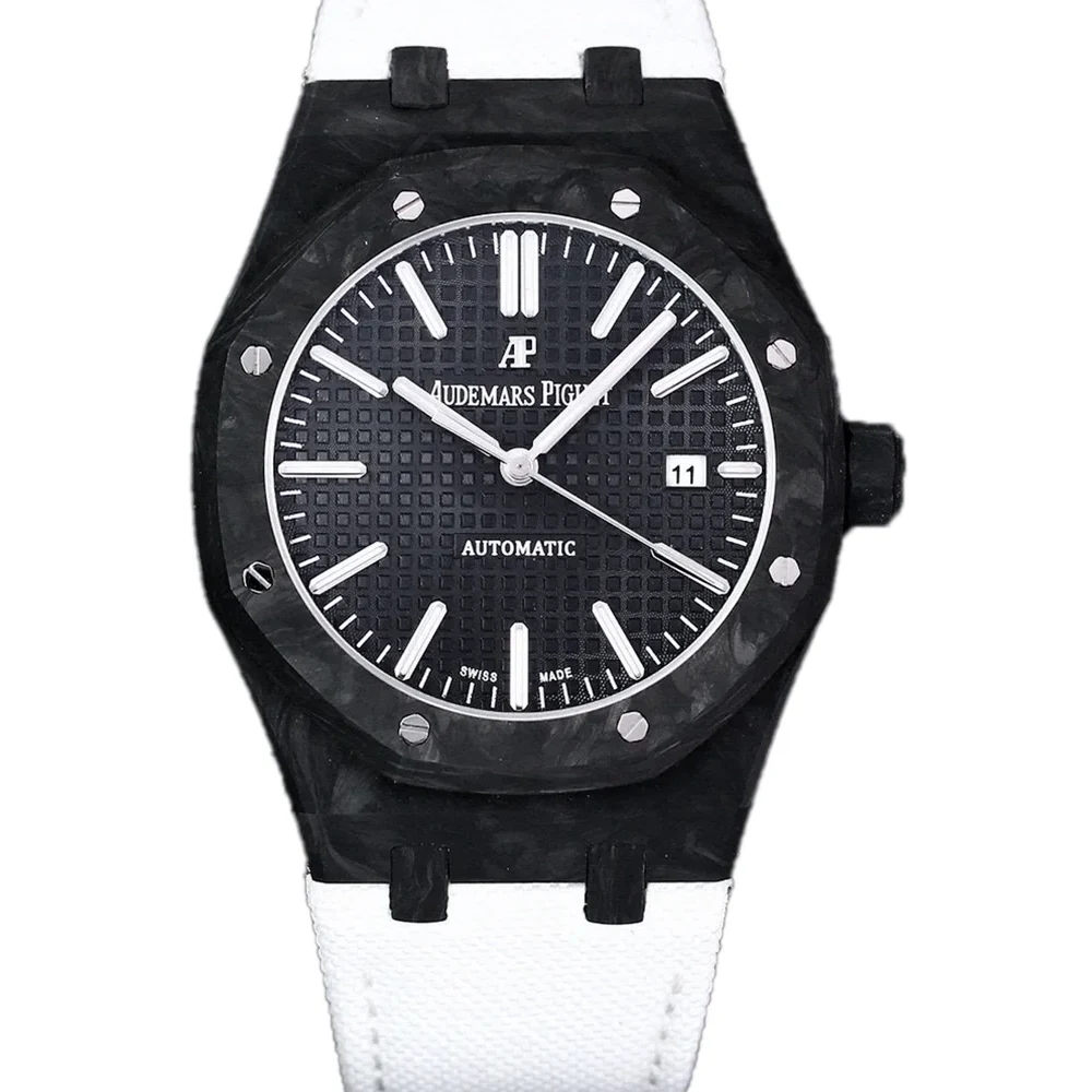 Royal Oak 15400 Black Dial in Carbon Fibre on White Nylon Strap