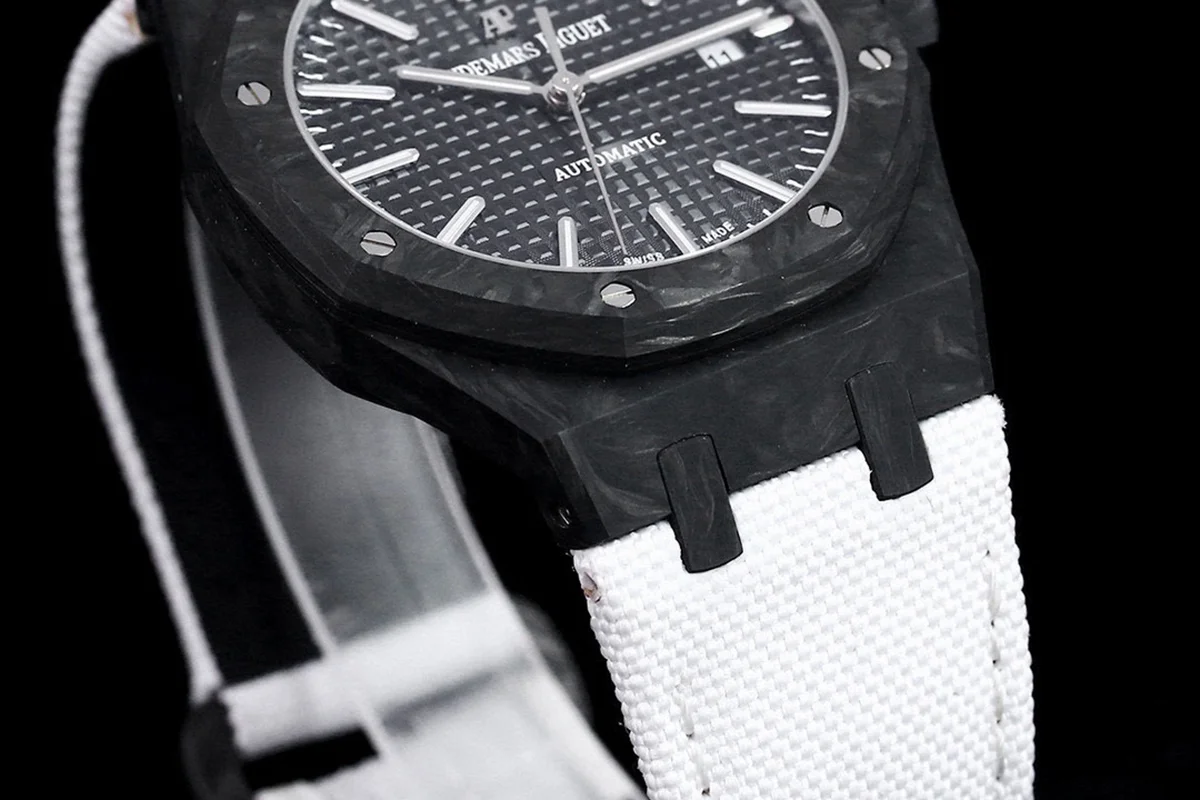 Royal Oak 15400 Black Dial in Carbon Fibre on White Nylon Strap