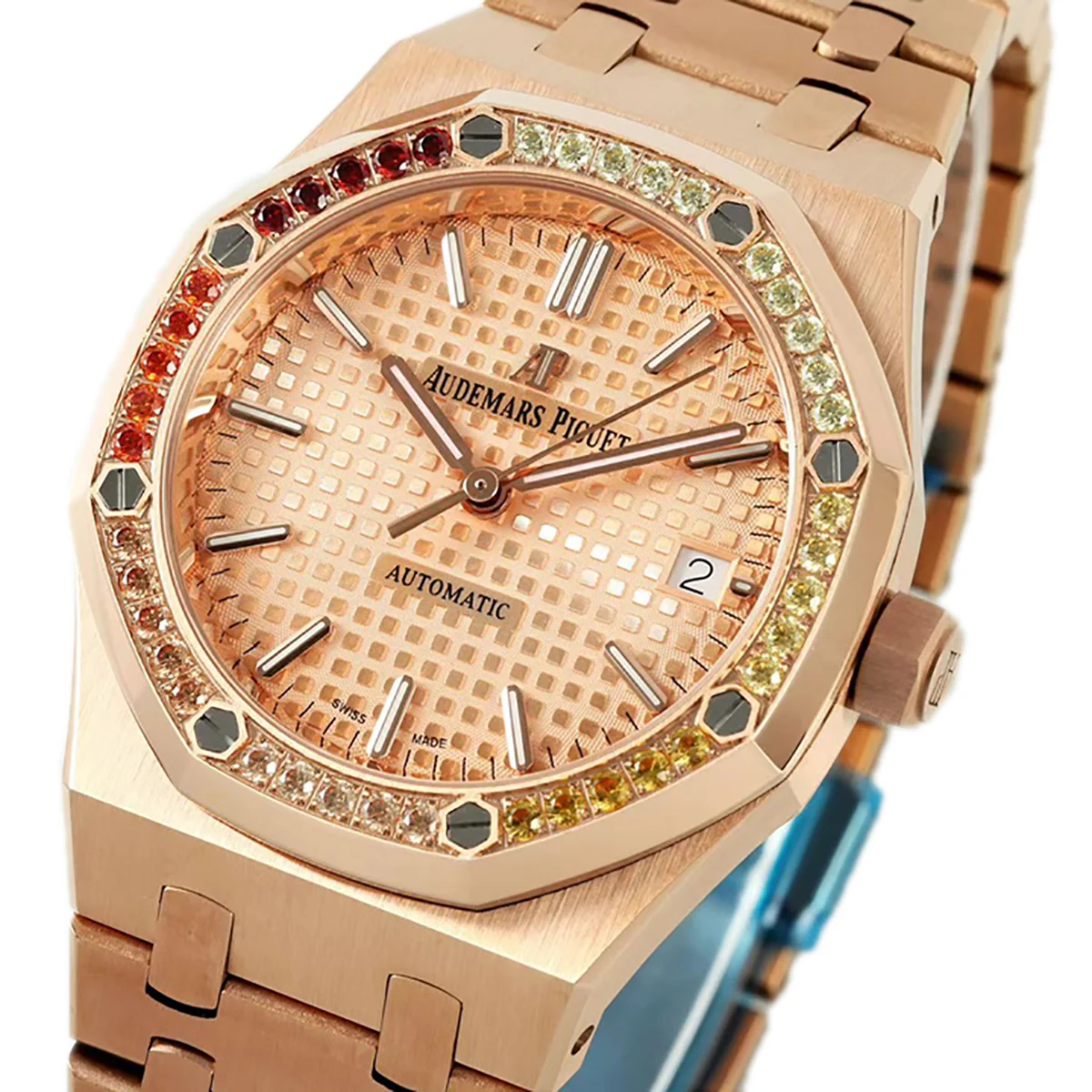 Royal Oak 15450ST 37mm Champagne Dial in Rose Gold with Rainbow Diamond Bezel