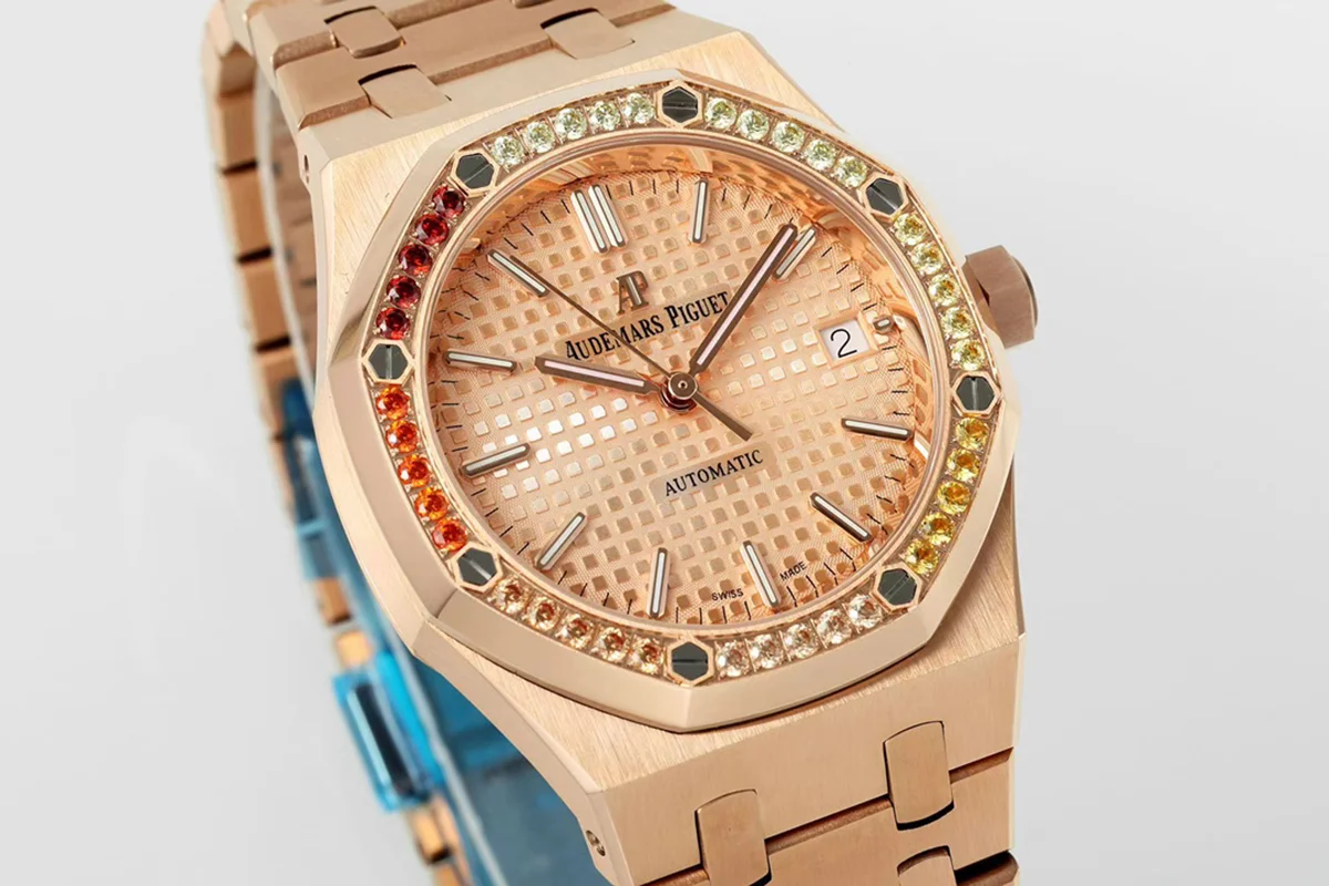 Royal Oak 15450ST 37mm Champagne Dial in Rose Gold with Rainbow Diamond Bezel