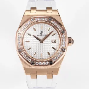 Royal Oak Offshore Ladies 33mm RG DRF Best Edition White Dial Diamonds Bezel on White Rubber Strap ETA Quartz