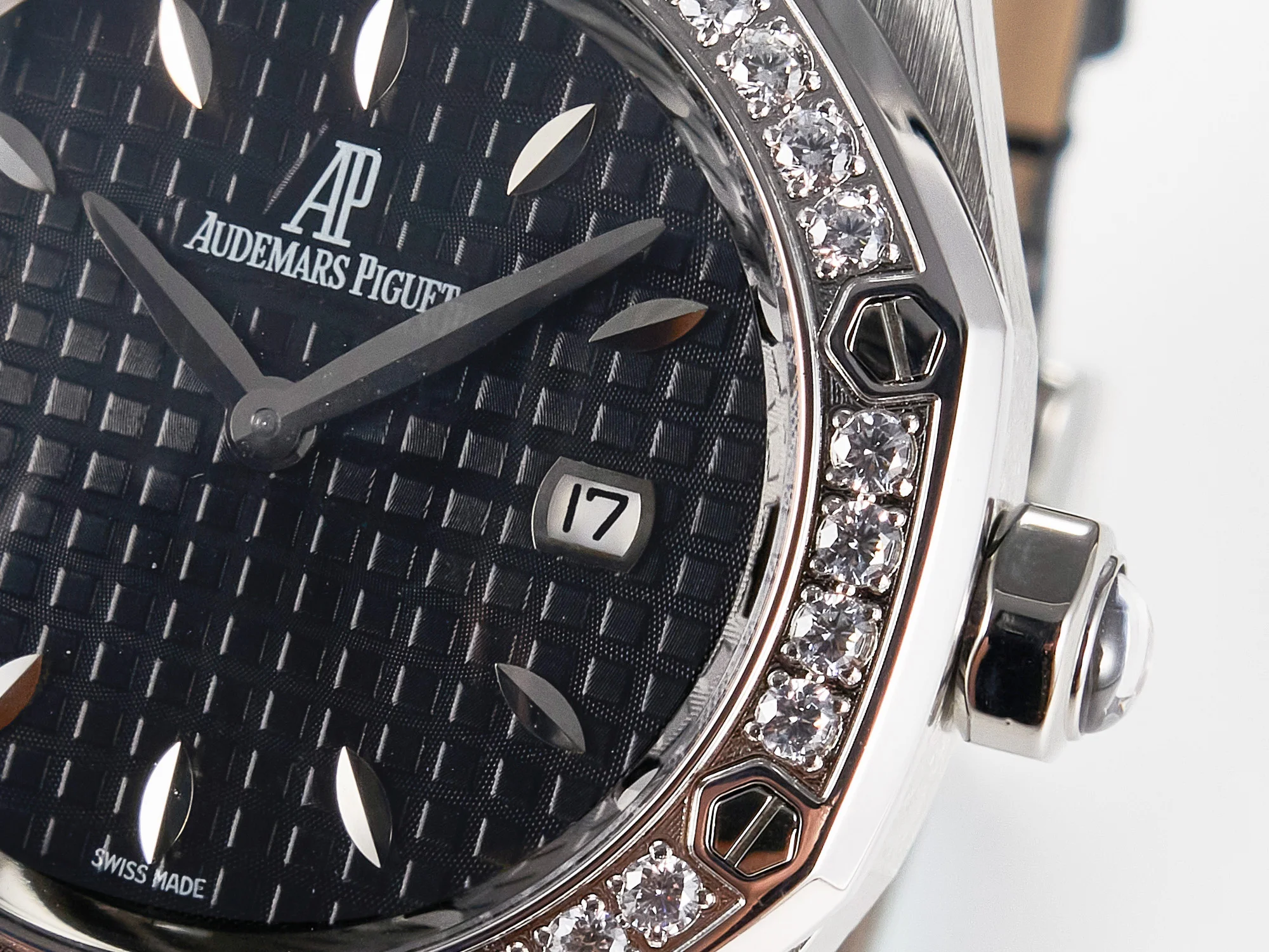 Royal Oak Offshore Ladies 33mm SS DRF Best Edition Black Dial Diamonds Bezel on Black Leather Strap ETA Quartz