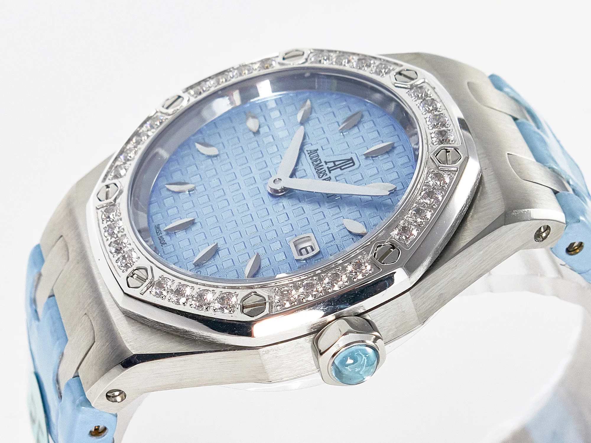 Royal Oak Offshore Ladies 33mm SS DRF Best Edition Blue Dial Diamonds Bezel on Blue Leather Strap ETA Quartz