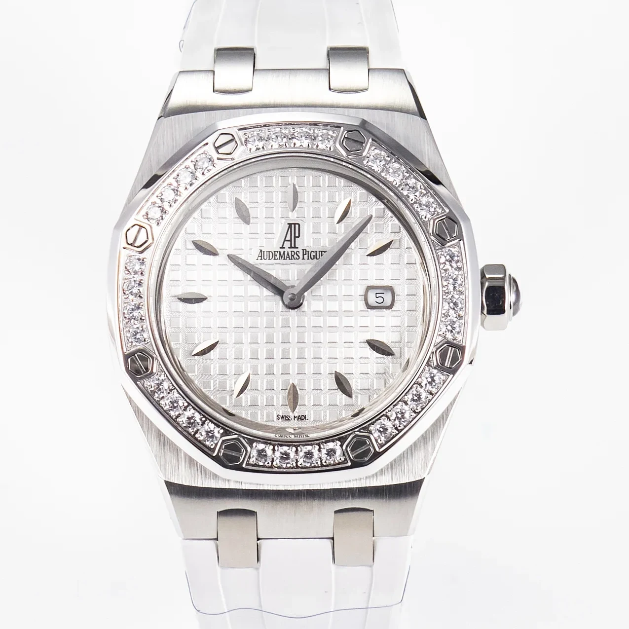 Royal Oak Offshore Ladies 33mm SS DRF Best Edition White Dial Diamonds Bezel on White Rubber Strap ETA Quartz
