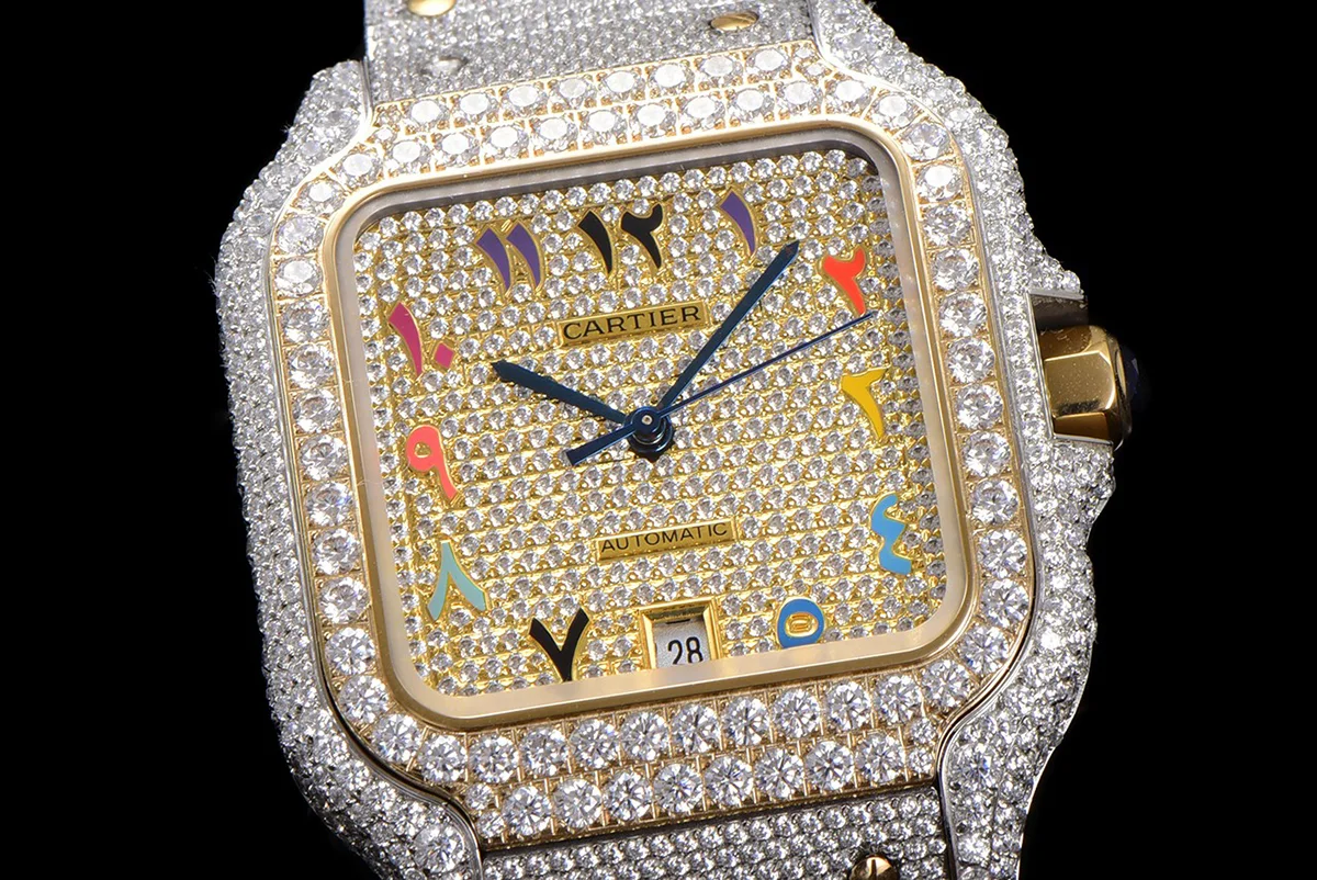Santos de Cartier 40mm Diamond Paved Dial with Colourful Arabic Markers in Steel/Yellow Gold