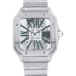 Santos De Cartier Watch Skeleton Dial Green Marker with Diamond Bezel in Steel