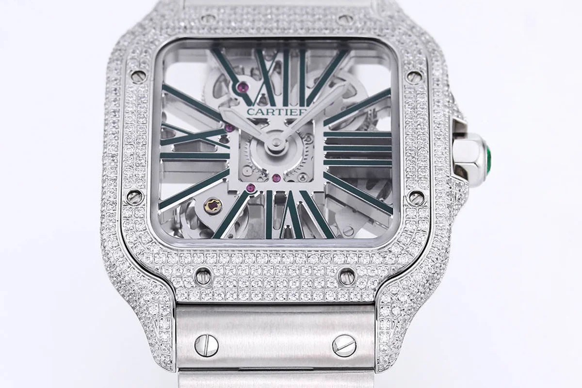 Santos De Cartier Watch Skeleton Dial Green Marker with Diamond Bezel in Steel