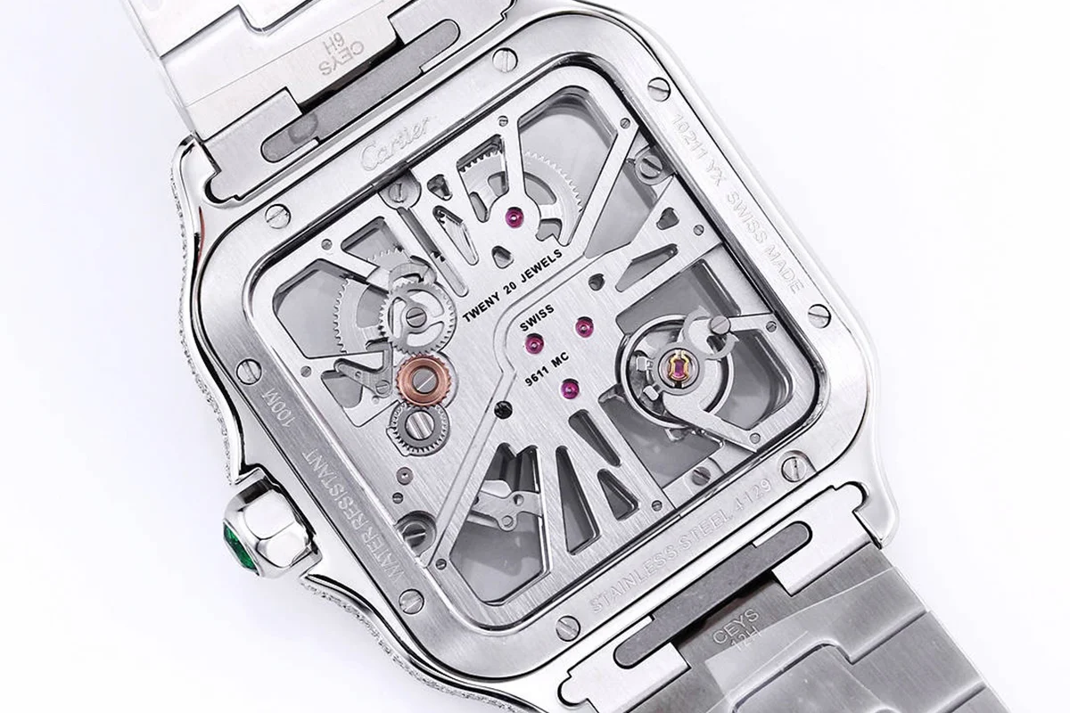 Santos De Cartier Watch Skeleton Dial Green Marker with Diamond Bezel in Steel
