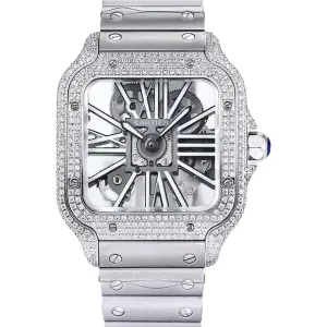Santos De Cartier Watch Skeleton Dial White Marker with Diamond Bezel in Steel