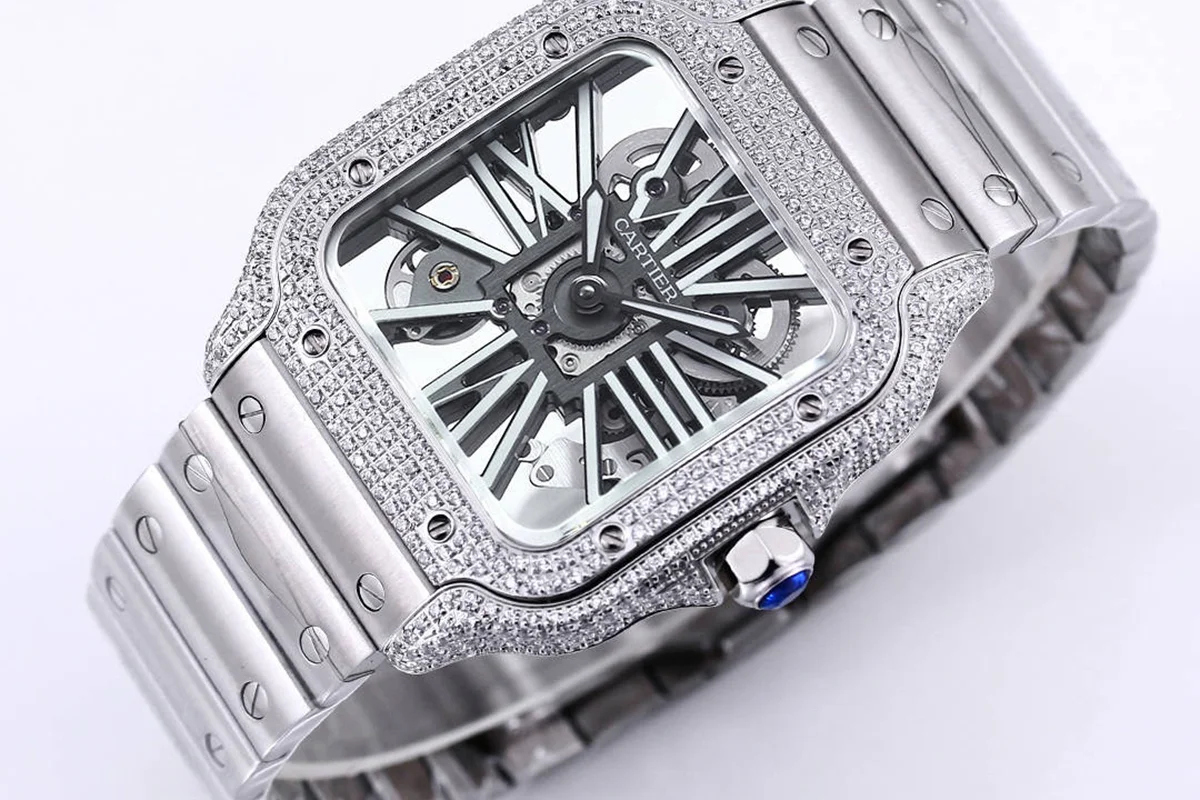 Santos De Cartier Watch Skeleton Dial White Marker with Diamond Bezel in Steel