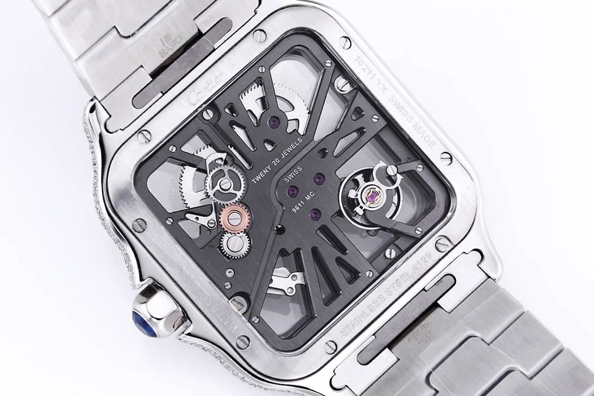 Santos De Cartier Watch Skeleton Dial White Marker with Diamond Bezel in Steel