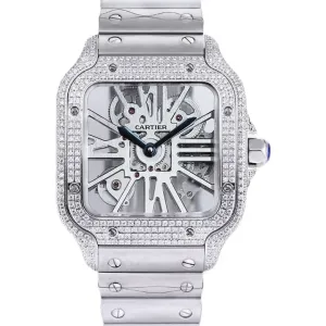 Santos De Cartier Watch Skeleton Dial with Diamond Bezel in Steel