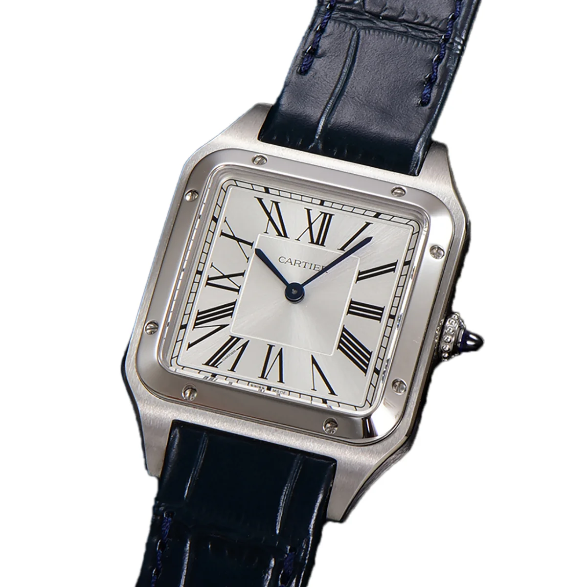 Santos-Dumont (Extra-Large) Silver Dial in Steel on Blue Leather Strap Ref. WSSA0032