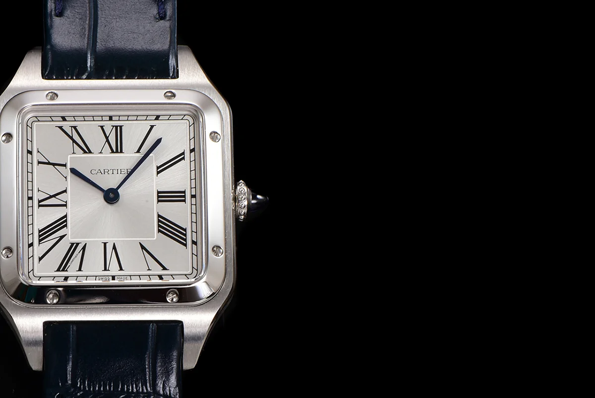 Santos-Dumont (Extra-Large) Silver Dial in Steel on Blue Leather Strap Ref. WSSA0032