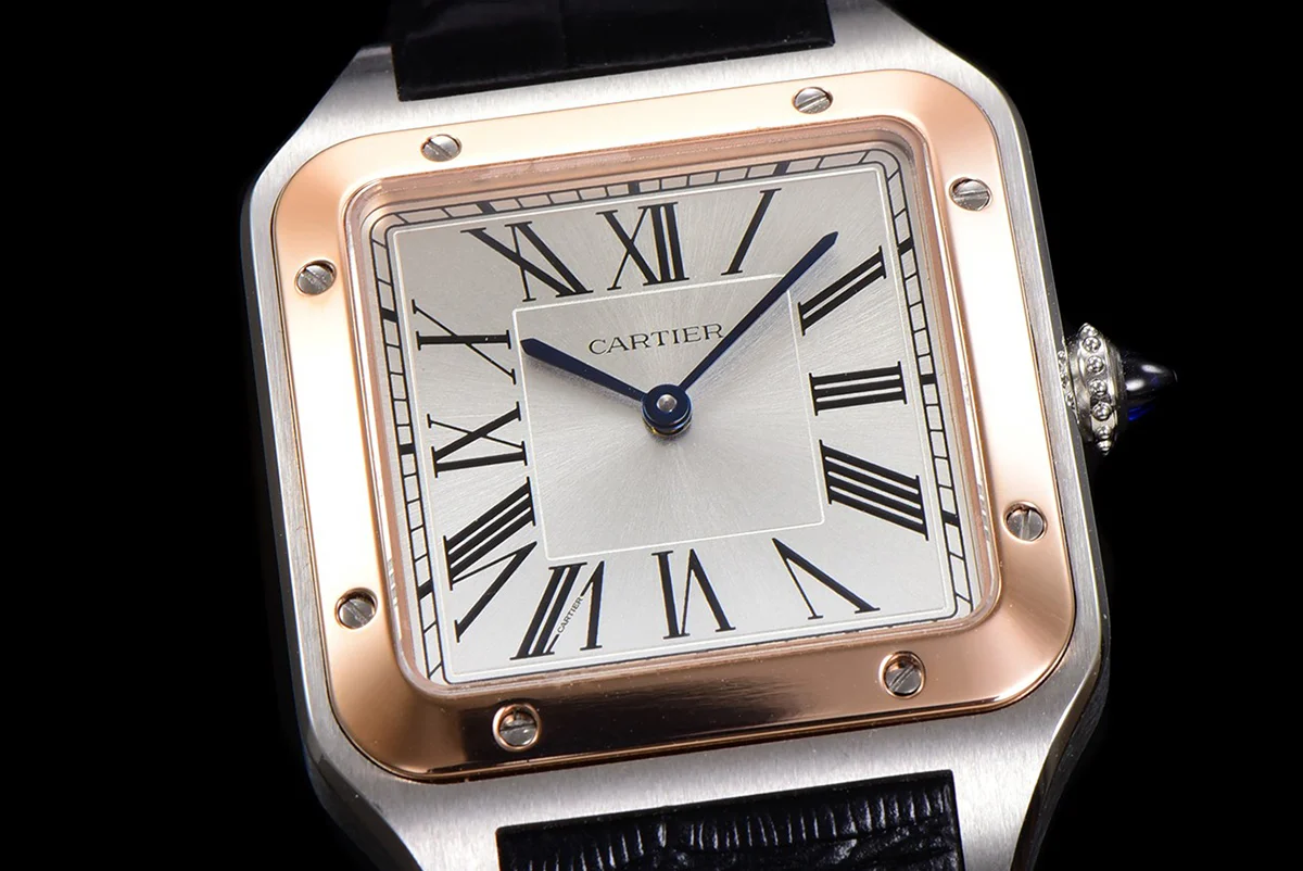 Santos-Dumont (Extra-Large) Silver Dial in Steel/Rose Gold on Black Leather Strap Ref. W2SA0017