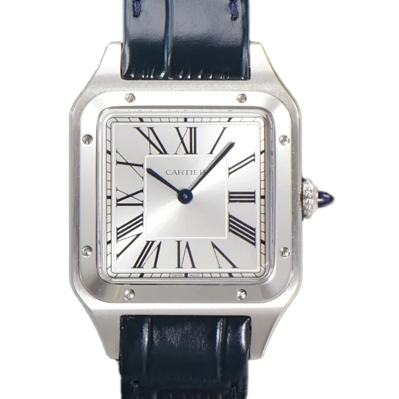 Santos-Dumont (Large) Silver Dial in Steel on Blue Leather Strap Ref. WSSA0022