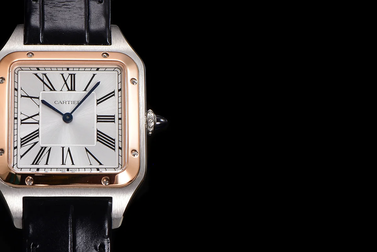 Santos-Dumont (Large) Silver Dial in Steel/Rose Gold on Black Leather Strap Ref. W2SA0011