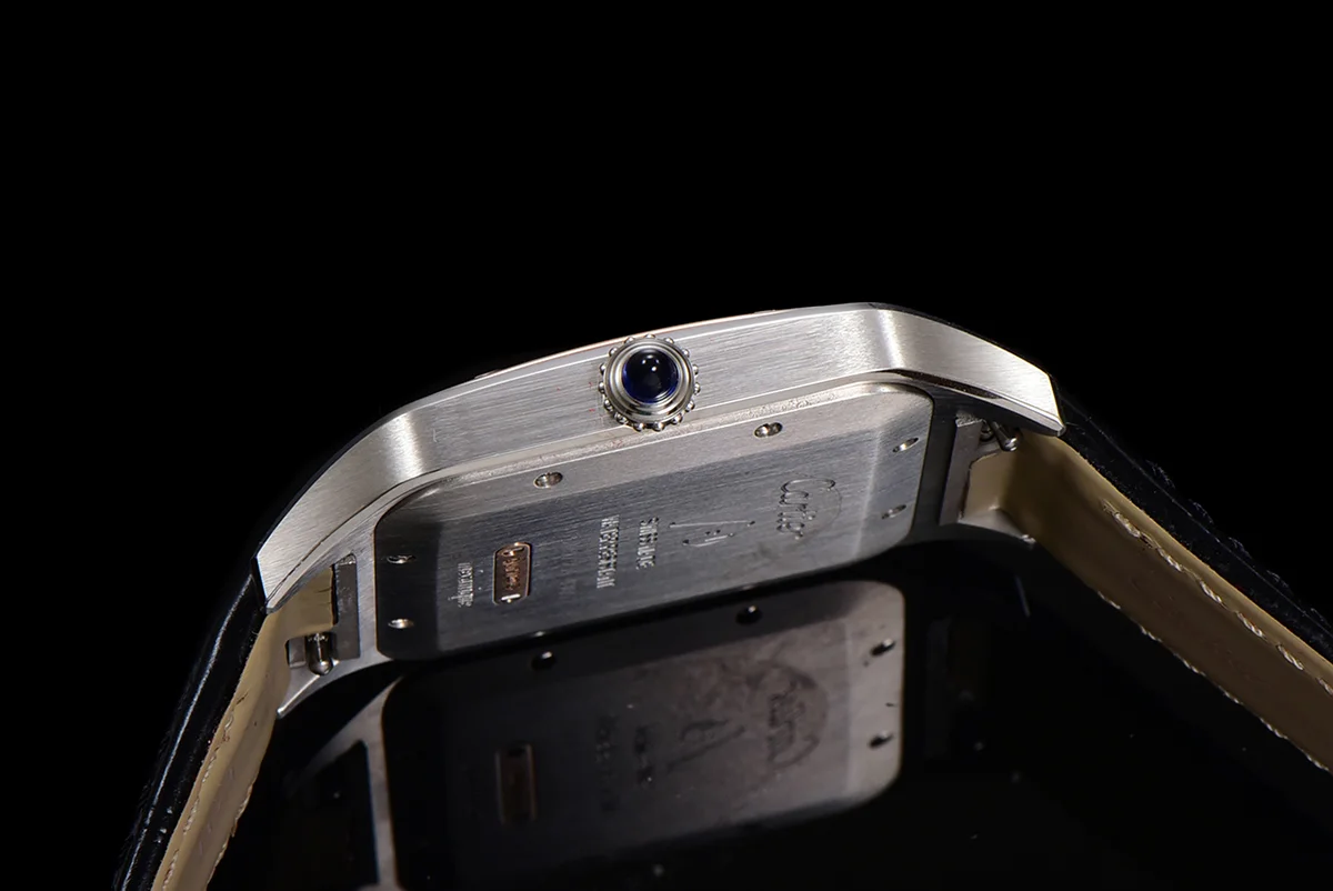Santos-Dumont (Large) Silver Dial in Steel/Rose Gold on Black Leather Strap Ref. W2SA0011