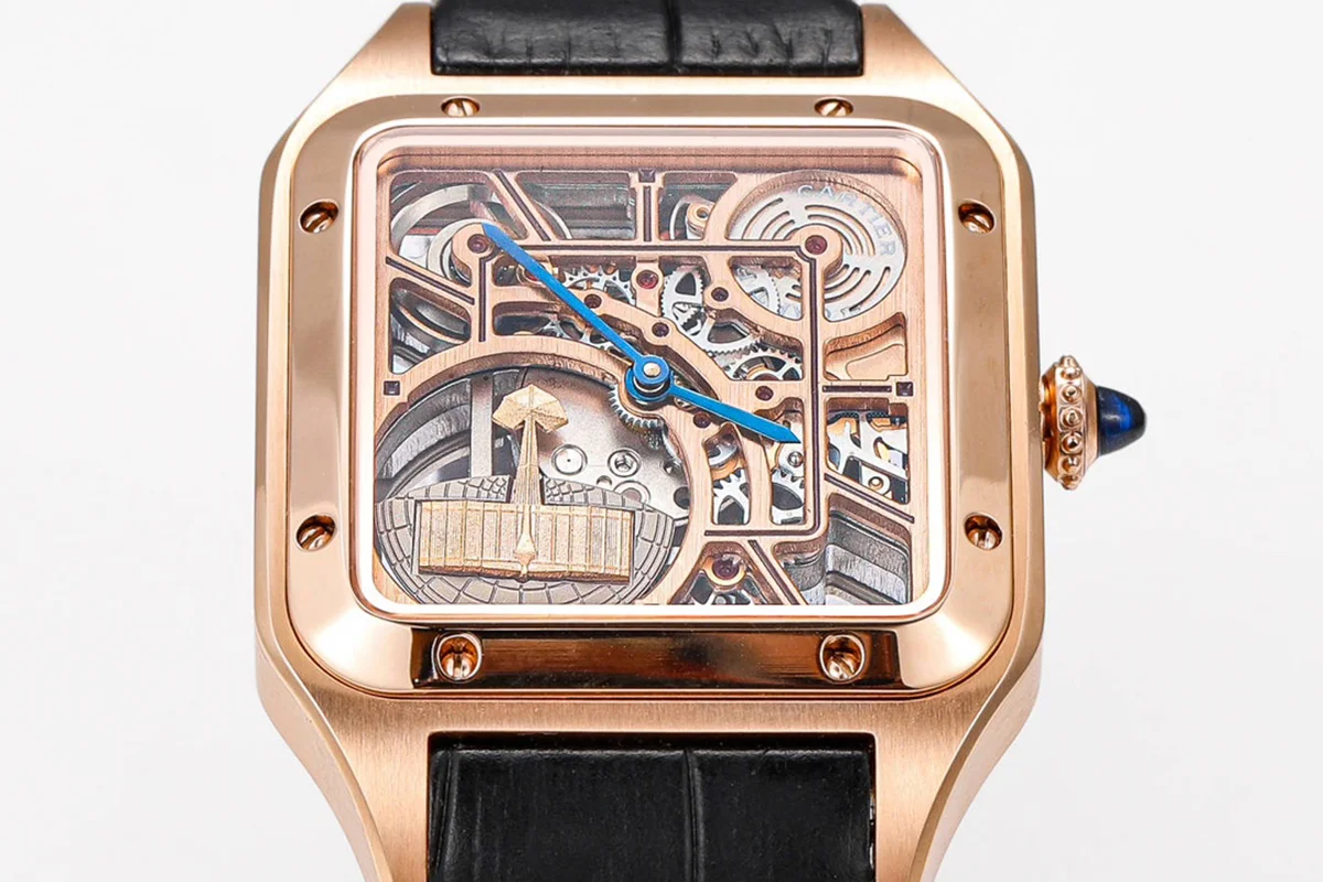 Santos-Dumont (Large) Skeleton Watch in Rose Gold on Black Leather Strap