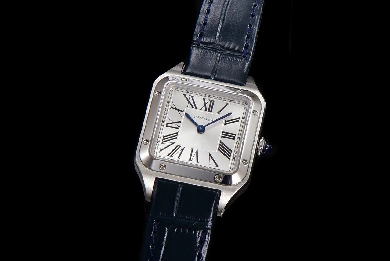 Santos-Dumont (Small) Silver Dial in Steel on Blue Leather Strap Ref. WSSA0023