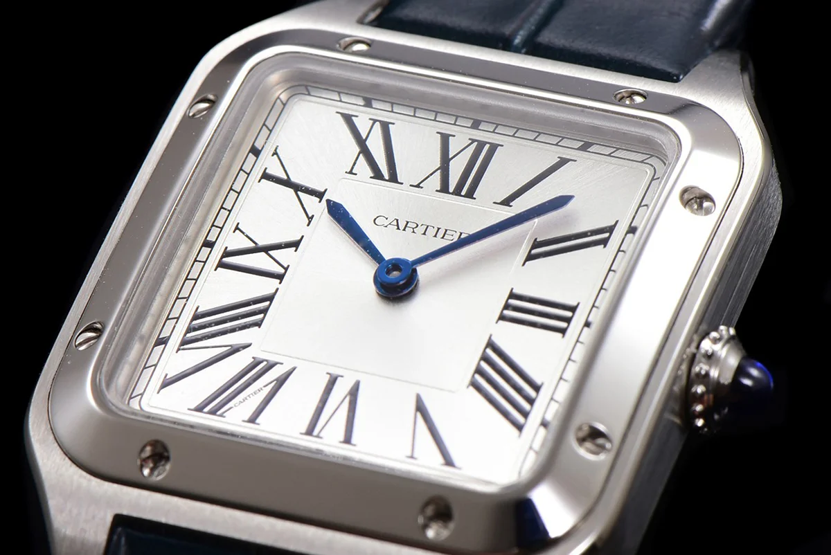 Santos-Dumont (Small) Silver Dial in Steel on Blue Leather Strap Ref. WSSA0023