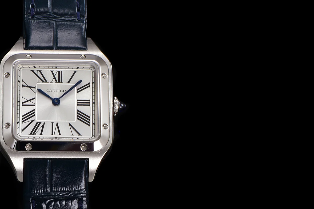 Santos-Dumont (Small) Silver Dial in Steel on Blue Leather Strap Ref. WSSA0023
