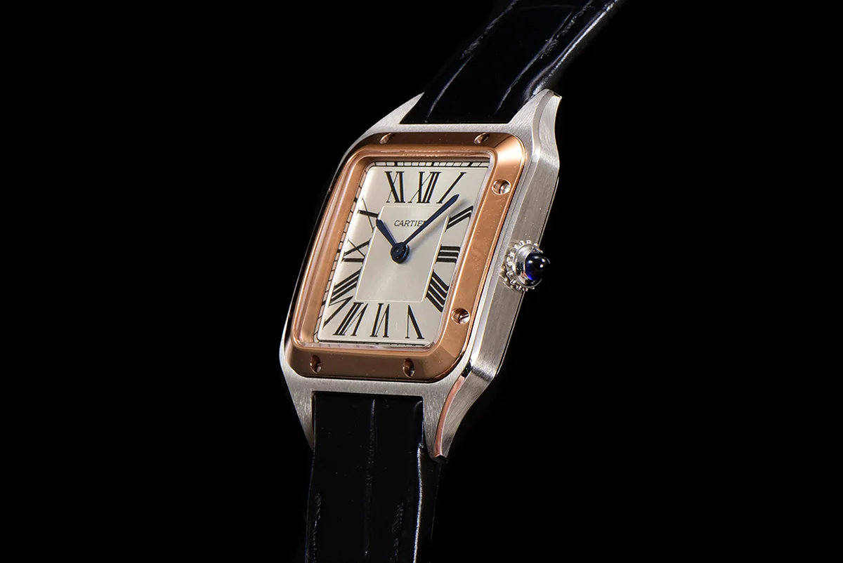 Santos-Dumont (Small) Silver Dial in Steel/Rose Gold on Black Leather Strap Ref. W2SA0012