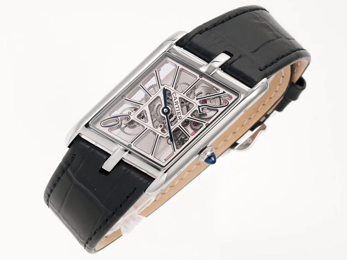 Tank Asymetrique Watch on Steel in Black Leather Strap